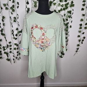 NWT Easel Boho Light Green Mineral Wash Terry Floral Peace Sign Patchwork Top